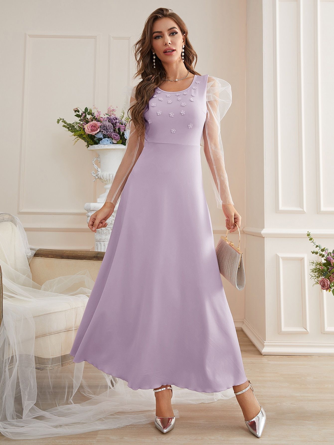 Fashion Elegant Mesh Sleeves Women's Dress
