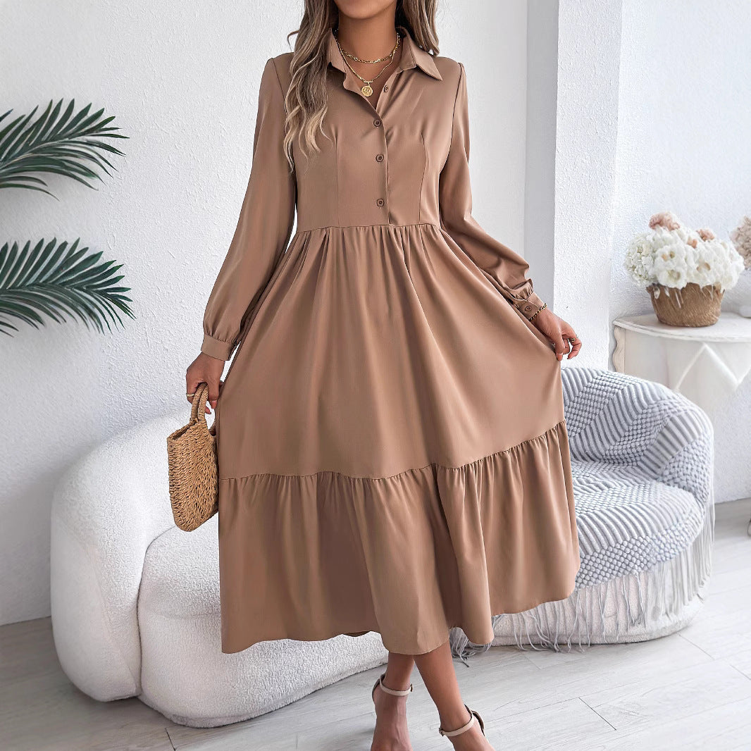 Women's Lapel Casual Loose Long Sleeve Ruffled Shirt Dresses Long Sleeved Turn-down Collar Single-Breasted Dress Spring Autumn Fashion Women's Clothing For Vacation
