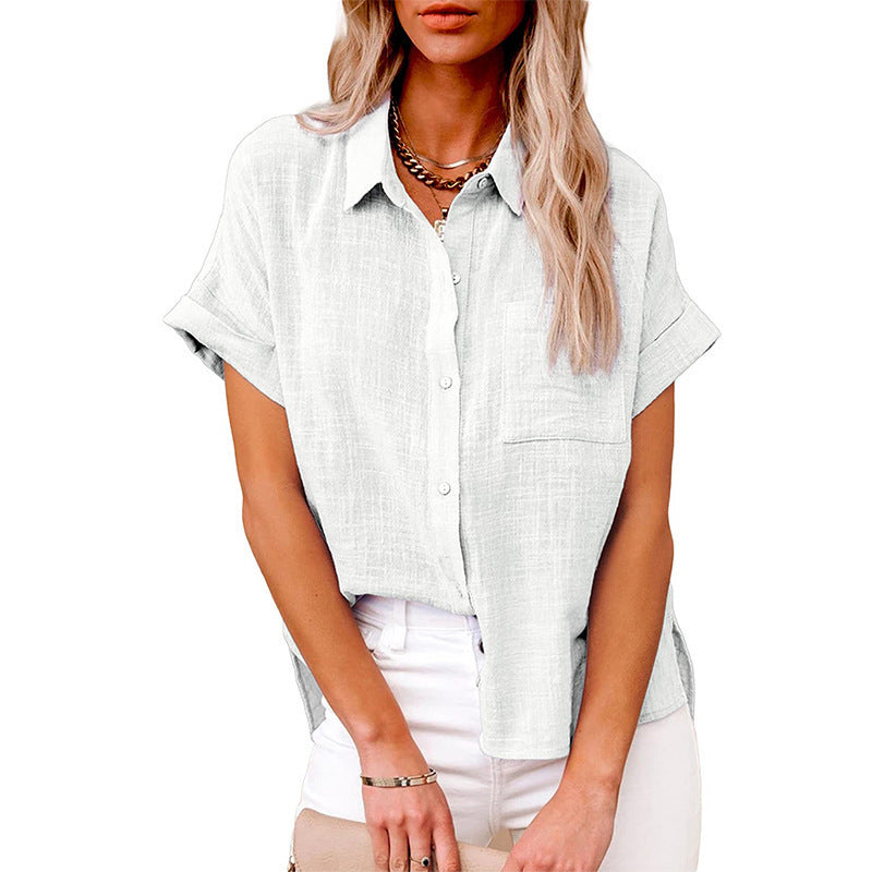 Summer Lapel Short Sleeve Shirt With Pockets Fashion Casual Solid Color Button Tops Women's Clothing